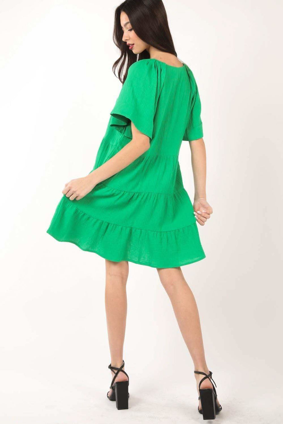 VERY J Texture V-Neck Ruffled Tiered Dress - SwagglyLife Home & Fashion